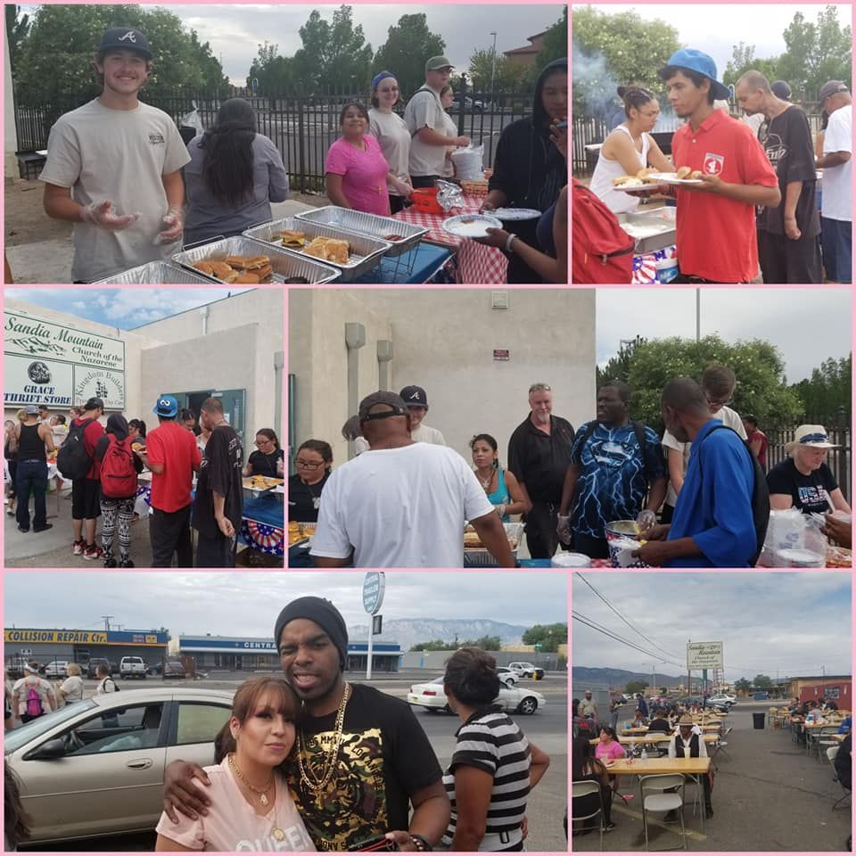 Collage of volunteers serving meals and food to neighbors
